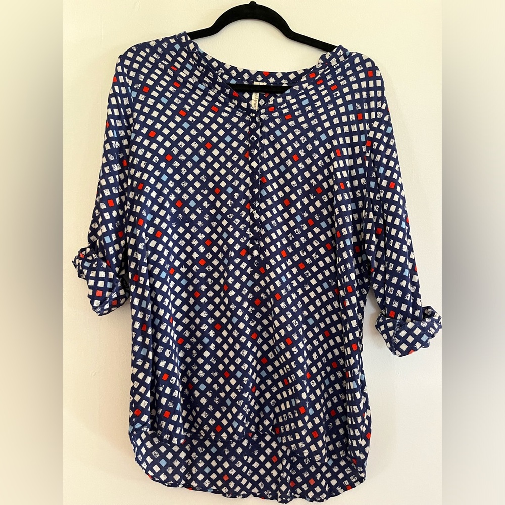 grand & greene blue blouse with square pattern size small